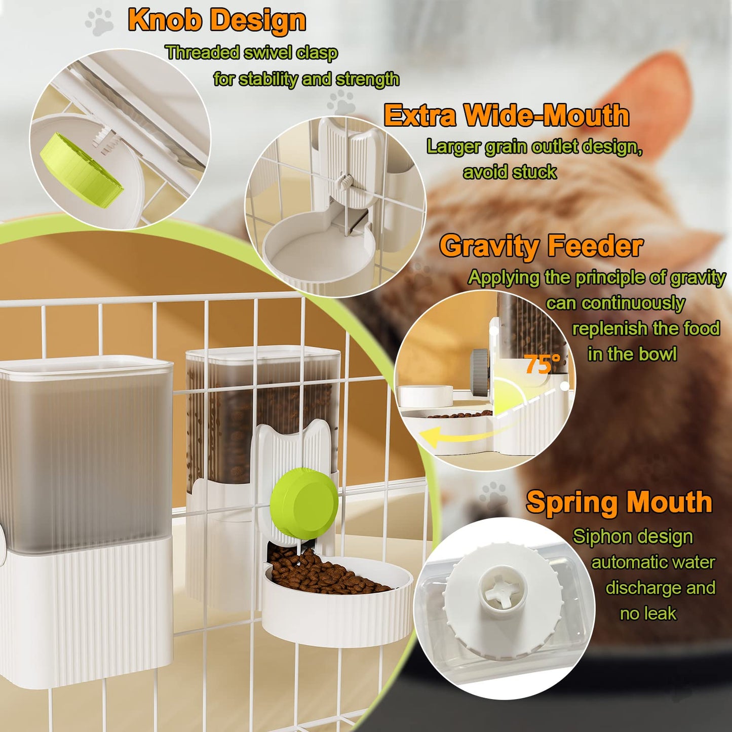 Lemtrflo Rabbit Feeder for Cage,Hanging Automatic Cat Feeder and Water Dispenser,Ferret Cage Accessories,Food Water Bowl for Cats Rabbit Guinea Pig Cages(Cage Grid Spacing Over 1.2'')