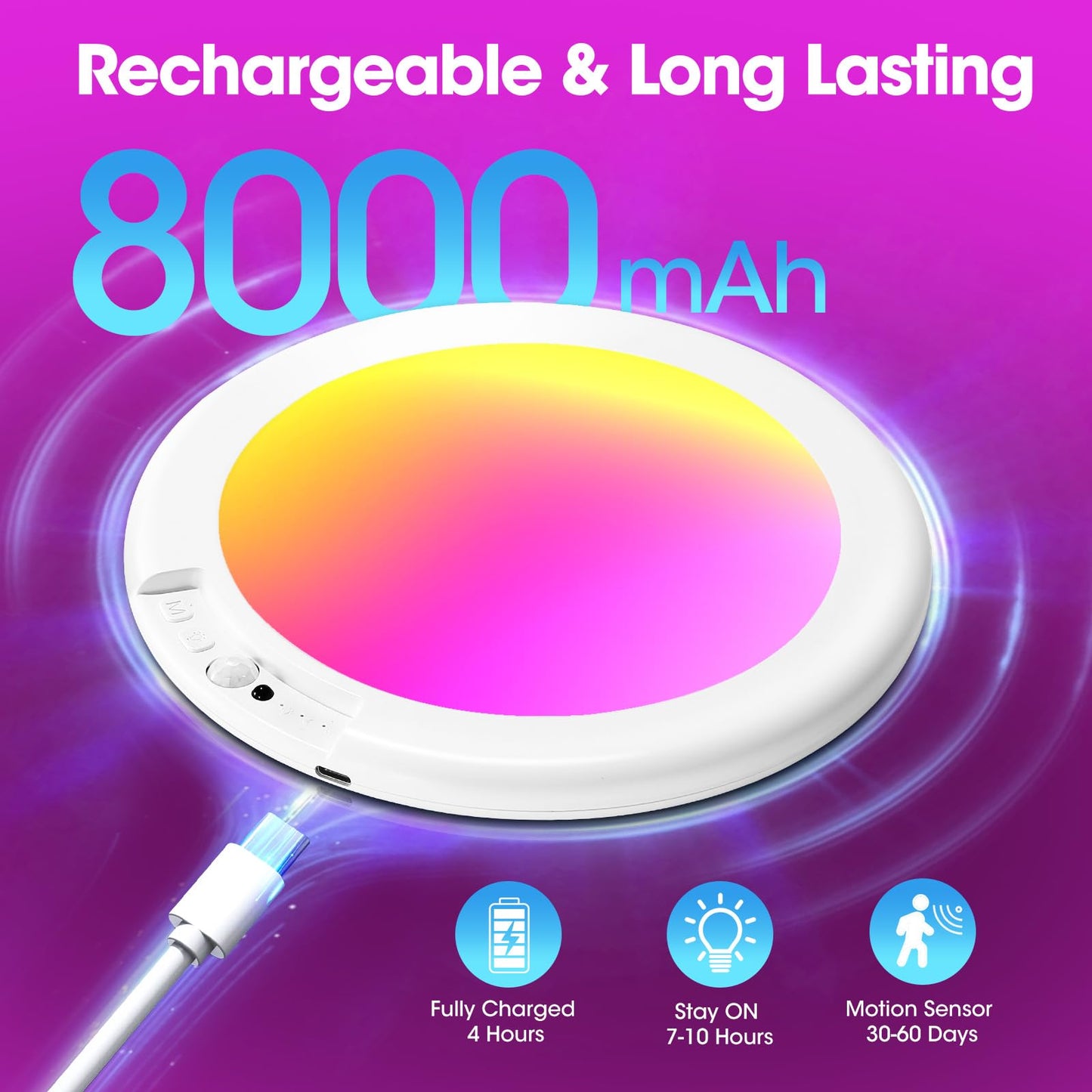 Gotopceed Rechargeable Ceiling Light - Rgb Color & White, Remote-Controlled, Battery-Powered, Model T070, Ideal For Shower & Bathroom