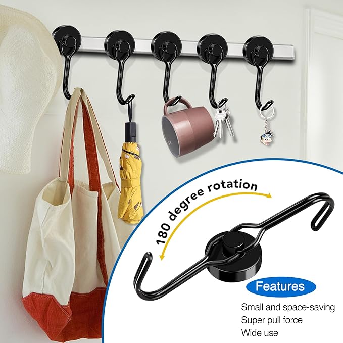 LOVIMAG Hooks, 50lbs+ Magnetic Magnet Hook 2025 Cruise Cabin Ship Essentials Heavy Duty Strong Refrigerator Fridge Hanging for Classroom Beach Vacation Kitchen Grills Home Mug Hanger (6 Pack), Black