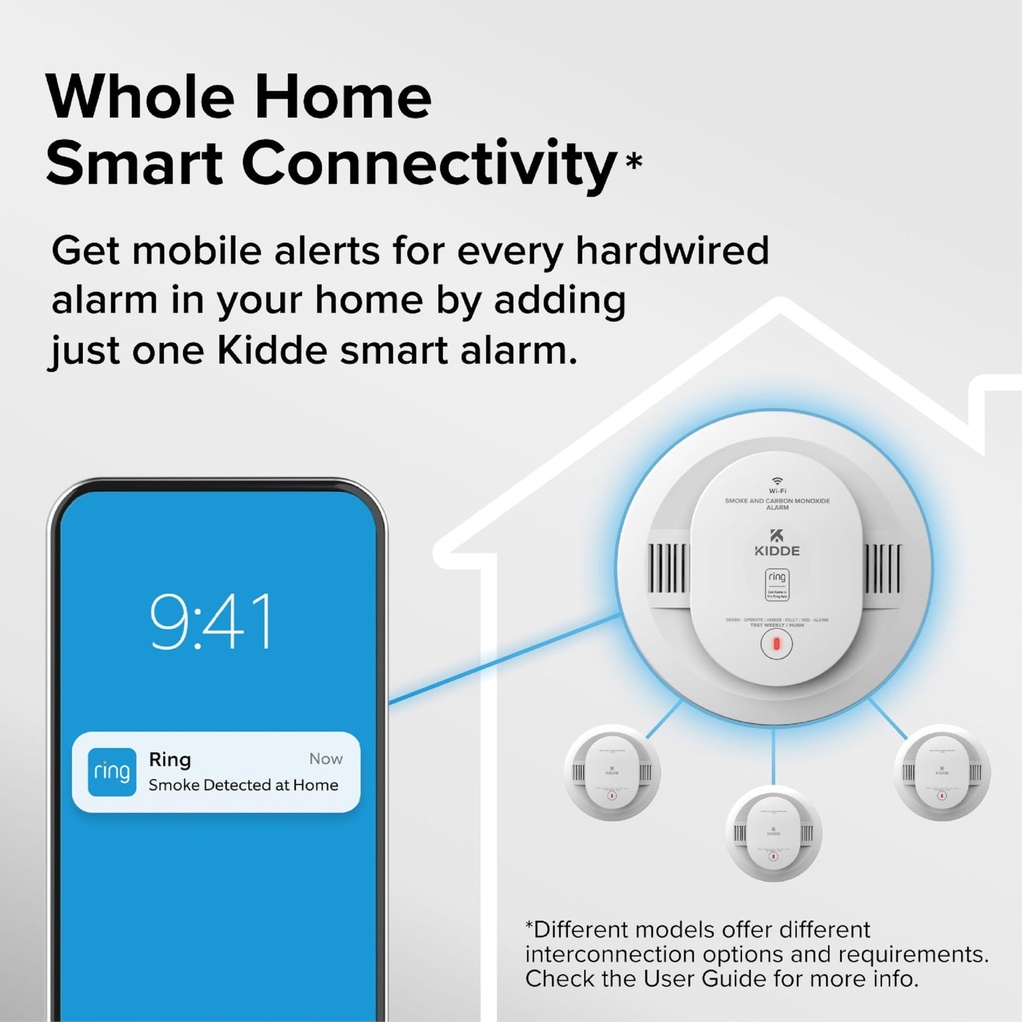 Kidde Smart Smoke and Carbon Monoxide Detector, Ring App Enabled for Real-Time Notifications, Hardwired Alarm, AA Backup Battery