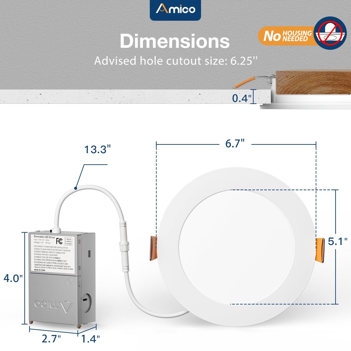 Amico 20 Pack 6 Inch 5CCT Ultra-Thin LED Recessed Ceiling Light with Junction Box, 2700K/3000K/3500K/4000K/5000K Selectable, 12W Eqv 110W, Dimmable Can-Killer Downlight, 1050LM Wafer Lighting - ETL
