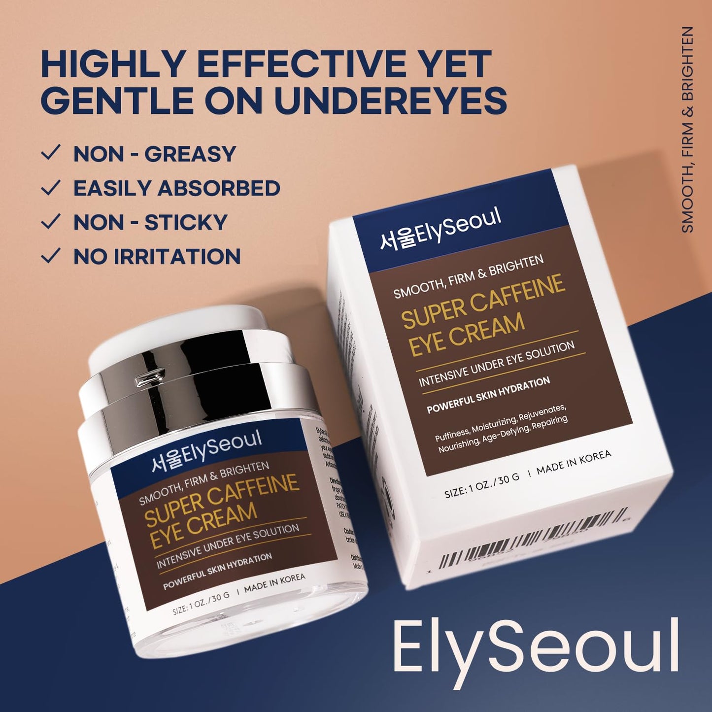 Korean Caffeine Collagen Eye Cream: Puffiness & Dark Circles Under Eye Treatment - Anti-Aging with Peptides & Hyaluronic Acid, 1 oz / 30g