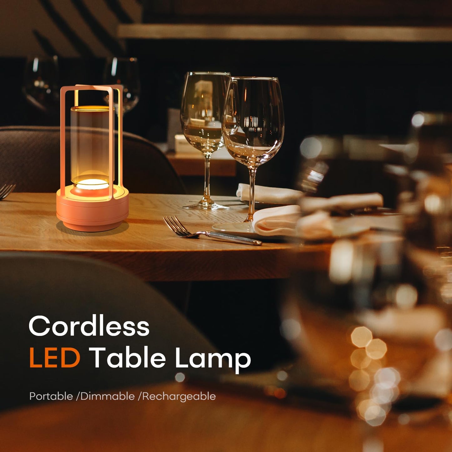 HAPYGI Portable Metal Table Lamp - Rechargeable LED, 3-Colour Dimming, Battery Powered, Set of 2, Orange