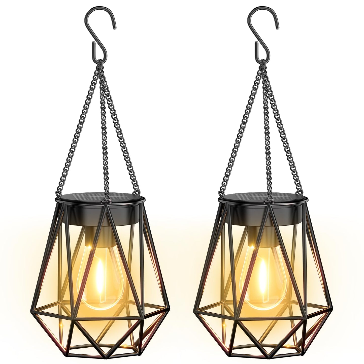 KOOPER Solar Lanterns 2 Pack, Waterproof Metal, Diamond Shape, Black, Model TLL031, Outdoor Decorative Lights for Patio and Garden