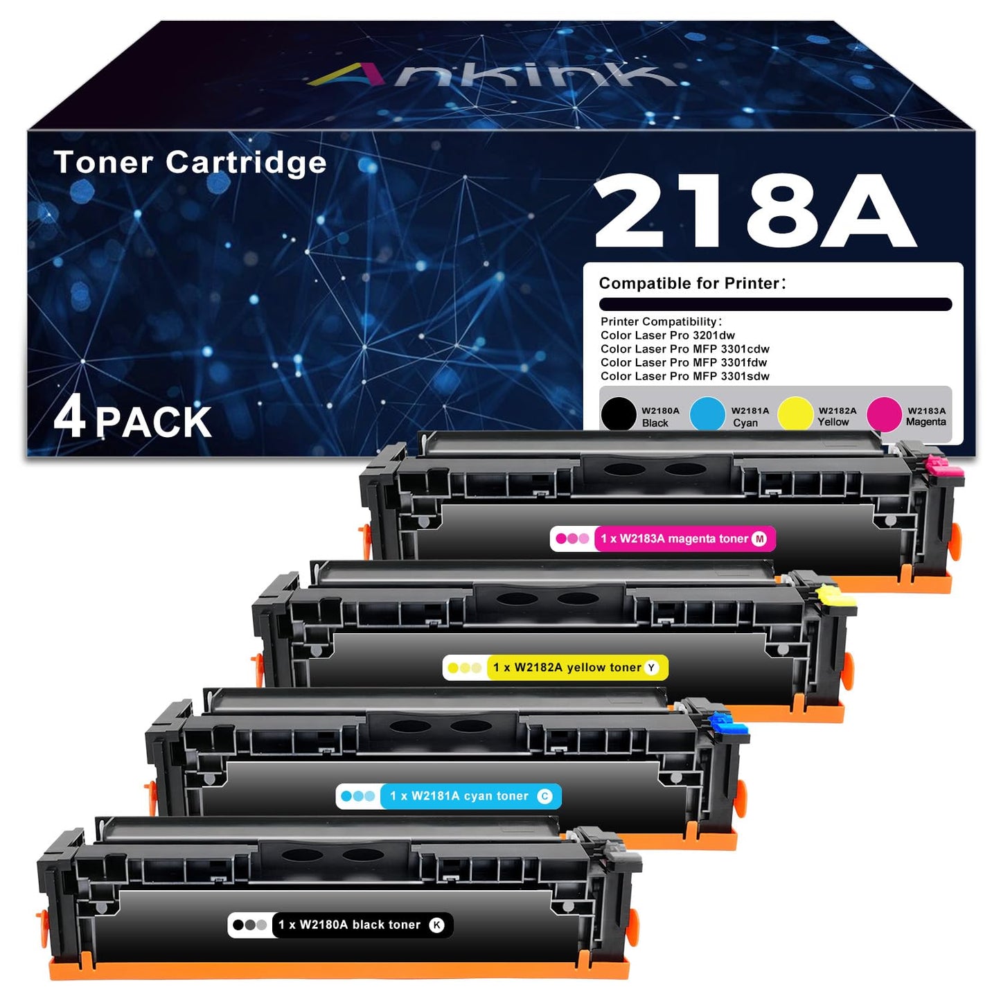 218A Toner Cartridges 4 Pack (With Chip) Compatible Replacement For Hp 218 A W2180A 218X W2180X Work With Color Laserjet Pro 320