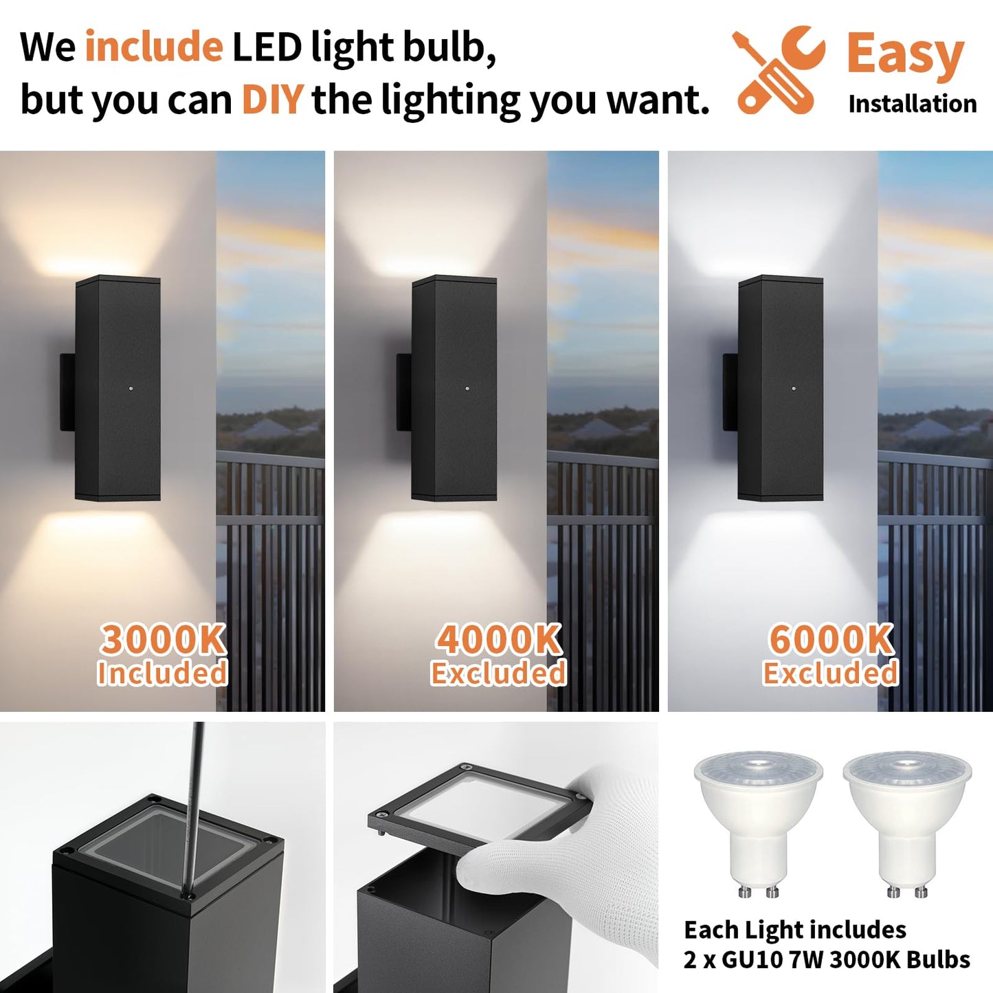 Dusk To Dawn Outdoor Lighting  Led Square Up And Down Outdoor Sconce Lights  Matte Black Exterior Lighting Fixtures With 7W Led Bulbs  Front Porch Lights For House  Garage  Patio  Doorway  6 Pack