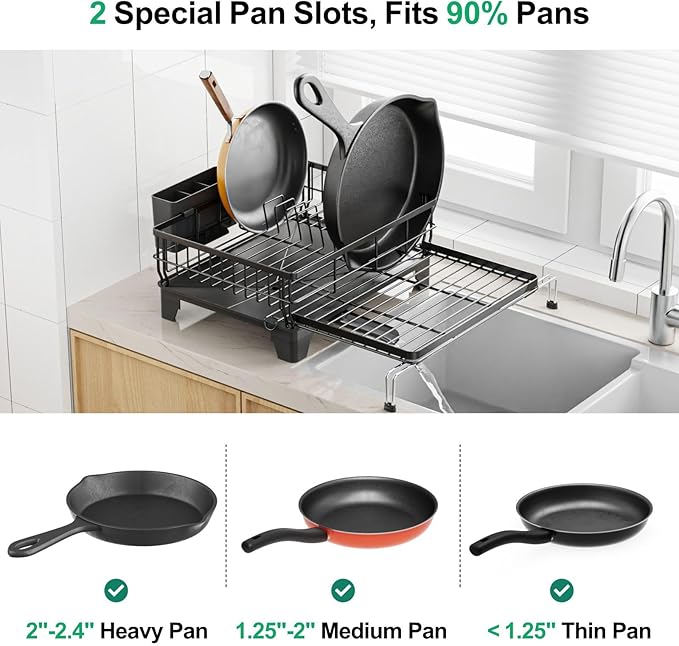 GSlife Extendable Dish Drying Rack - Large 2-in-1 Dish Racks for Kitchen Counter or Over Sink, Anti-Rust Dish Drainer with Pan Slots and Utensil Holder, 13.4"-22.4" L x 16.7" W, Black