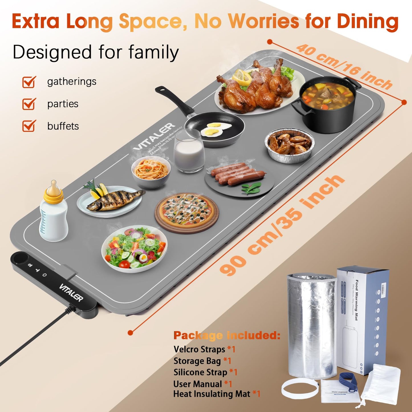 Vitaler Warming Mat for Food, (XXL 35”x16”) Electric Warming Trays, Upgrade Graphene Fast Full-Surface Heating Mat for Food with 6 Level Temp, 6 Hours Timer, Food Warmer Pad with Heat-Insulating Mat