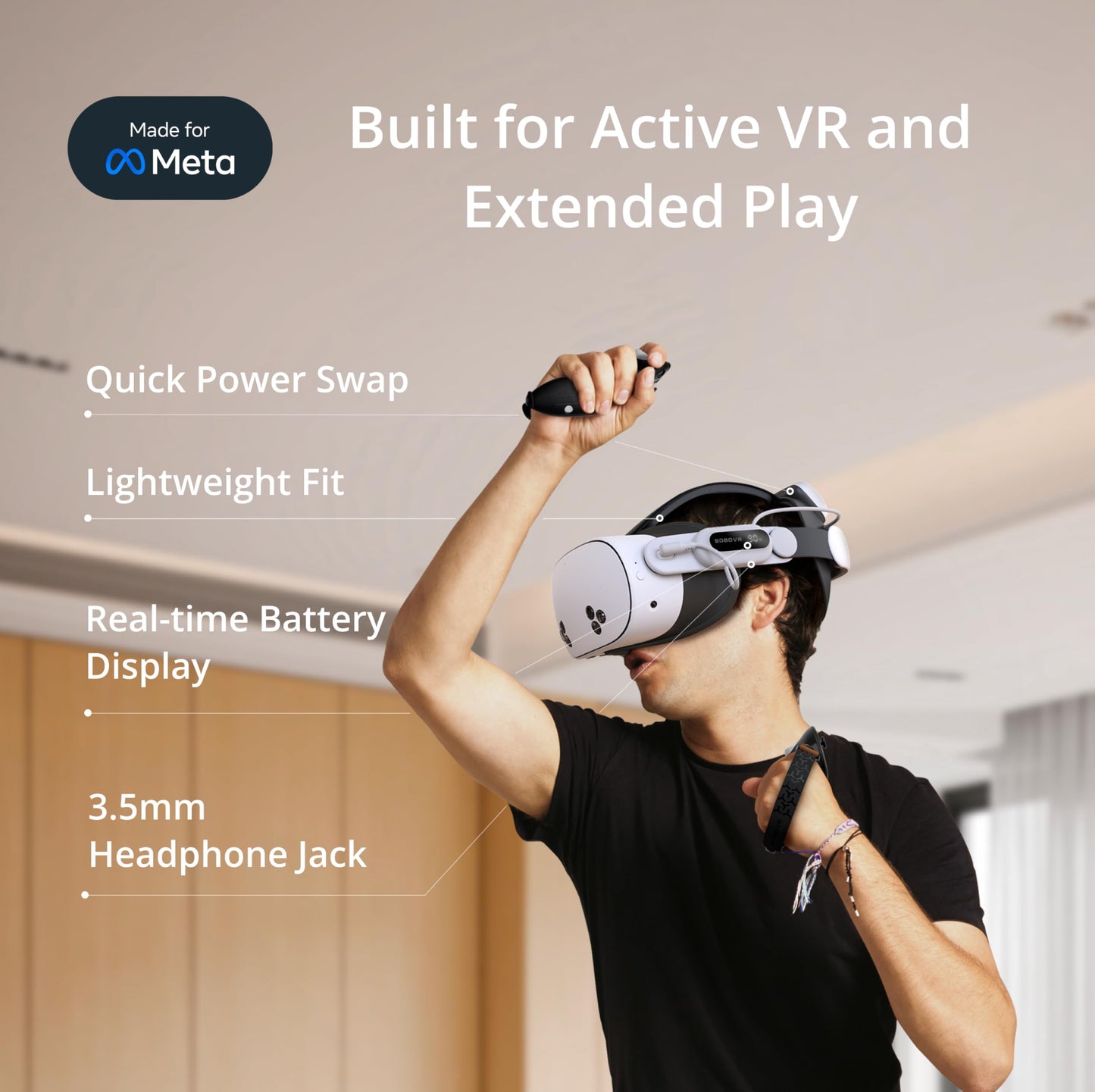 BOBOVR E3 Pro Battery Strap Accessories for Meta Quest3/3S,10000mah Hot Swappable Fast Charging Battery and 3.5mm Audio Expansion
