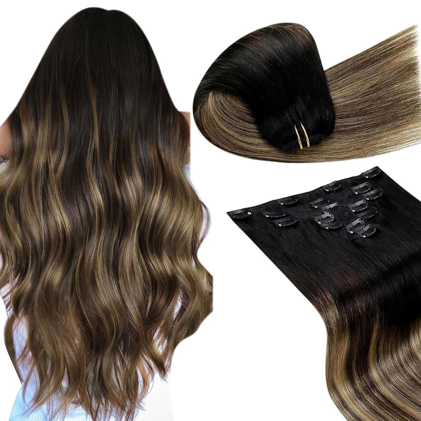 LaaVoo Human Hair Clip in Extensions Ombre Black Human Hair Extensions Clip ins Black Ombre Brown Mix Caramel Blonde 24inch 140g