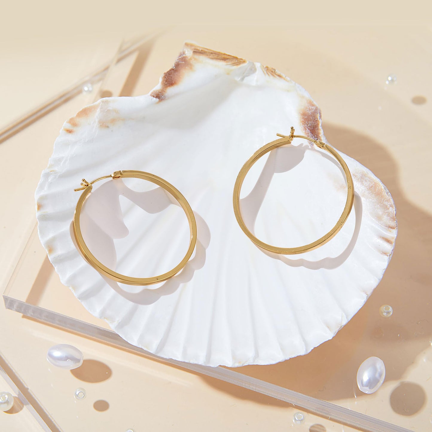 Gacimy Gold Hoop Earrings for Women, 14K Gold Plated Flatted Hoops with 925 Sterling Silver Post, 40mm Medium Earrings for Women