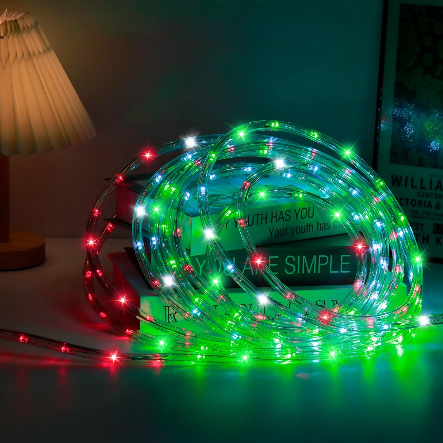 DINGFU 50ft LED Waterproof Rope Lights, PVC Tube, Connectable Indoor/Outdoor, RED+White+Green, Model YLRL-15-120V