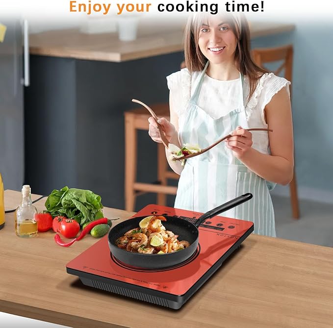Noxton Portable Electric Stove 110V, 1800W Single Burner Electric Cooktop, Countertop Burner Electri Hot Plate, 4 Hour Timer, 9 Power Level, Child Safety Lock, Compatible with All Cookware(Red)