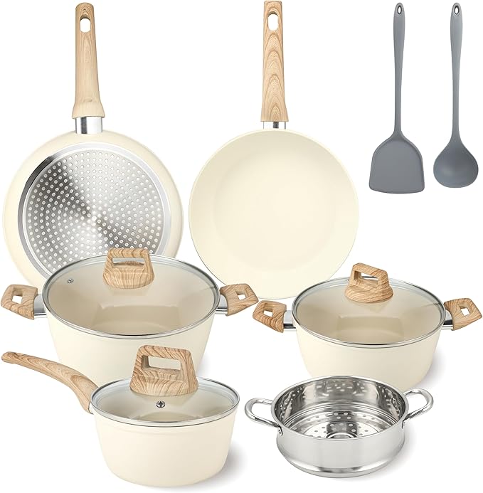 11Pcs Nonstick Cookware Set, Aluminum Nonstick Pots and Pans with Lids & Wooden Handles, Silicone Spoons & Spatulas, Non-toxic Healthy Kitchen Cooking Sets, PFAS & PFOA Free