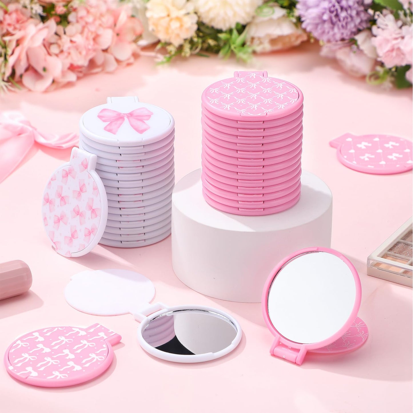 Namalu 36 Pcs Pink Bow Coquette Mini Compact Mirrors Party Gifts Bulk for Women Portable Round Pocket Makeup Mirror Gift for Qui