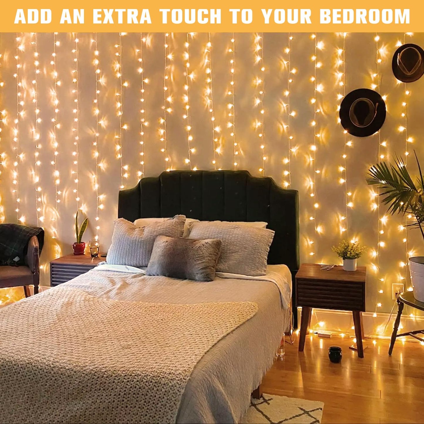 JMEXSUSS 600 LED Curtain String Lights, Warm White, 19.6x9.5ft, Indoor/Outdoor, Remote Control, 8 Modes for Bedroom, Wedding, Party Decorations