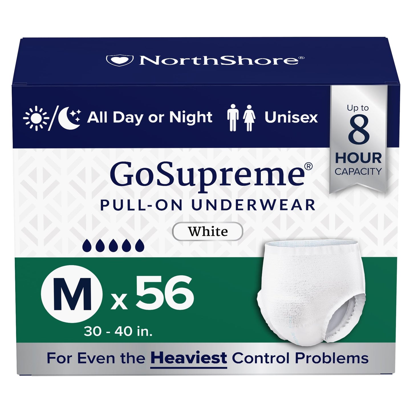 NorthShore GoSupreme Overnight Pull-On Underwear, 8-Hour Leak Protection, Medium, 56-Count Case, White, (30-40 in Waist), Unisex Adult Diapers