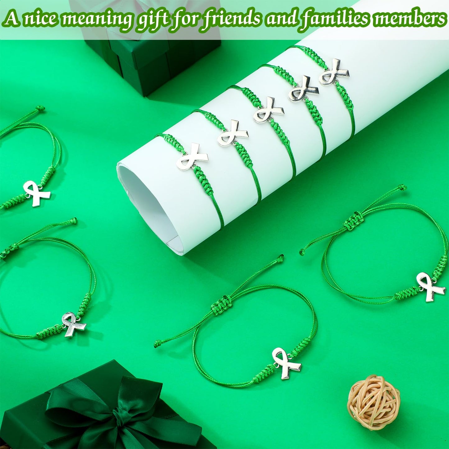 Sasylvia 20/50/100 Pcs Mental Health Awareness Month Bracelets Gifts Adjustable Green Ribbon Bracelets for Men Women (100 Pcs)