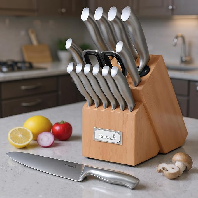 Kuisine Upgraded Sharp Chef Knife Set with block, One piece Molding High Carbon Stainless Steel Forged,Ergonomic Non-slip Handle Knife Block Set with built-in Sharpener(Silver Natural,15PCS)