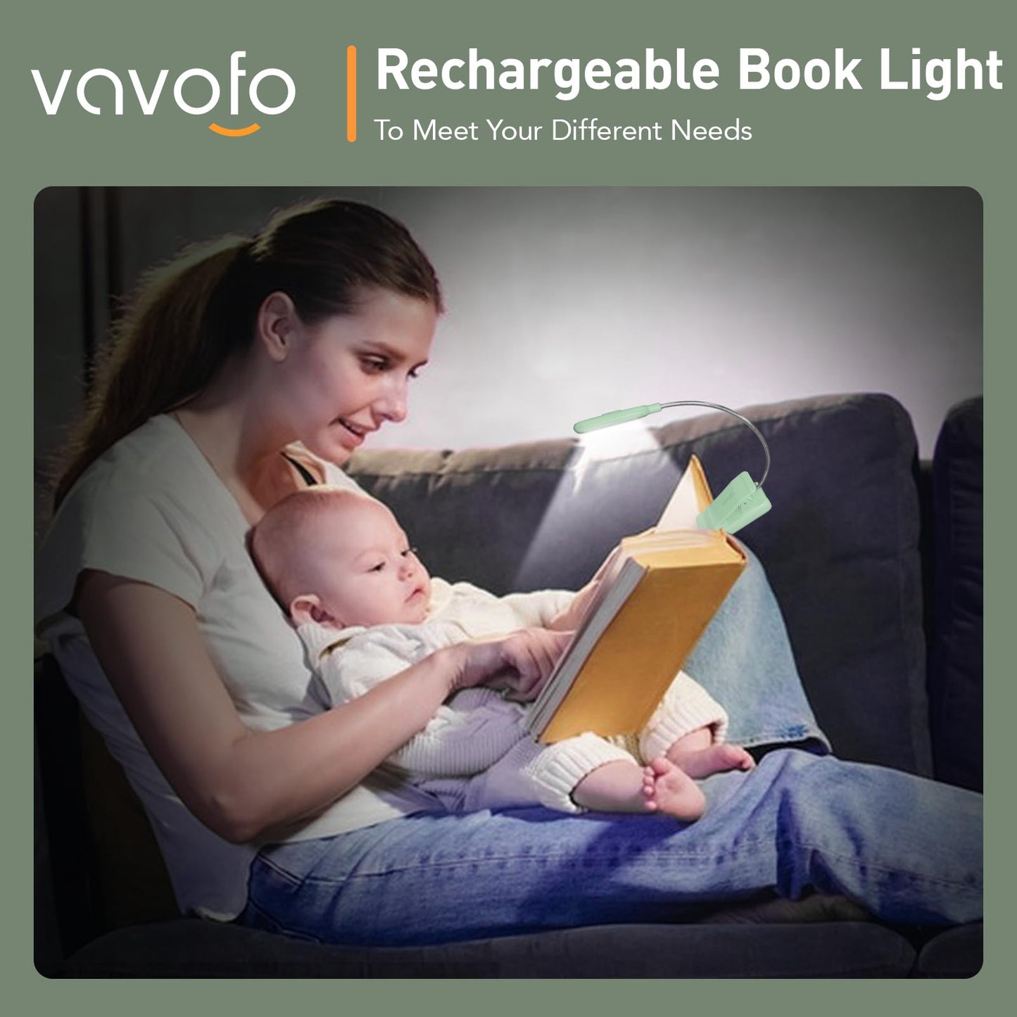 VAVOFO Rechargeable Book Light, 7 LED, 9-Level Warm/Cool White, Eye Care Lamp, Avocado Green, Model KM-6720