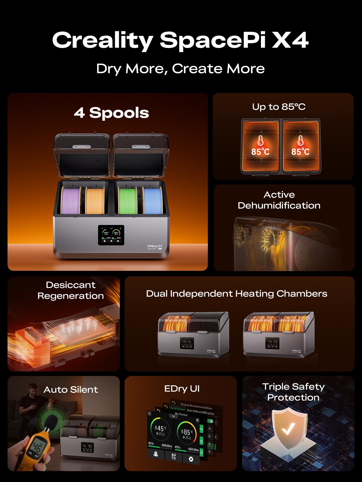 Creality Filament Dryer Box 4 Spools, Space Pi X4 Filament Storage Box, 200W PTC Heats Up to 85°C, Dual Heating Chambers, Fast Drying & Moisture-Free Storage, for PLA, PETG, TPU, ABS