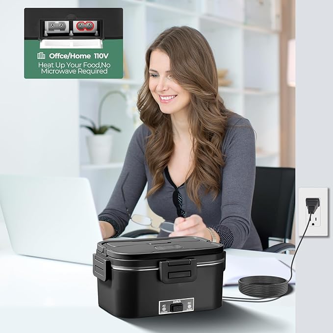 Electric Lunch Box for Adults 1.8L-80W Heated Lunch Box Food Warmer, ON/OFF Power Switch 12/24V/110V,Car, Truck, Work, Travel(Black) 1.8L Portable Fast Heating lunch box for men，