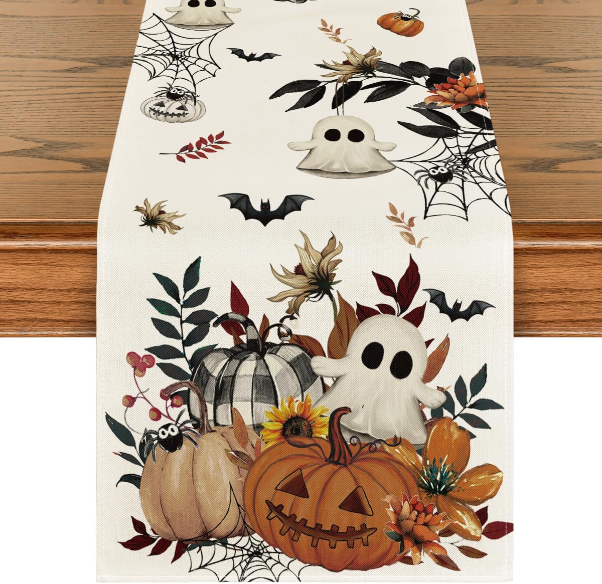 Artoid Mode Pumpkin Ghost Leaves Spider Web 210 GSM Halloween Table Runner, Spooky Kitchen Dining Table Decoration for Home Party Decor 13x90 Inch