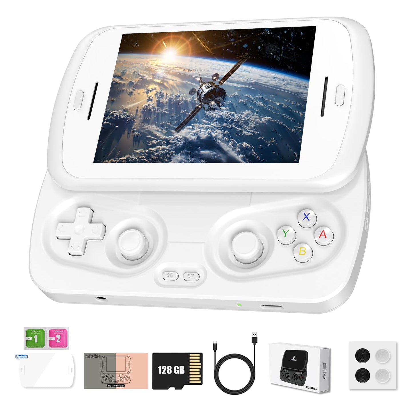 RG Slide Handheld Game Console RG Slide 4.7-inch LTPS In-Cell display 1280 * 960 Screen Retro Game Console 128G UFS2.2 Card Portable Arcade Video Gaming Console with Capacitive Joystick White