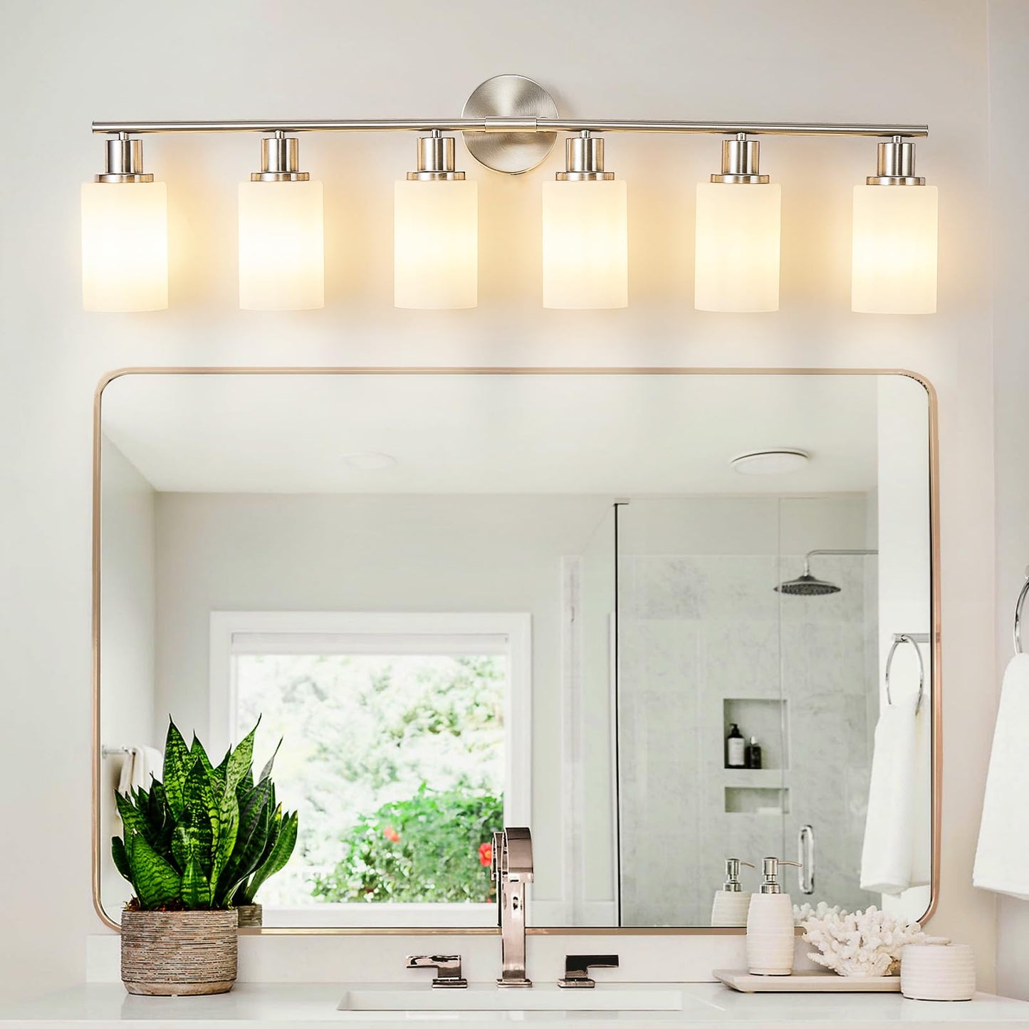 DINGLILIGHTING 6-Light Bathroom Vanity Light Fixtures, Milky White Glass Shade, Brushed Nickel, Metal