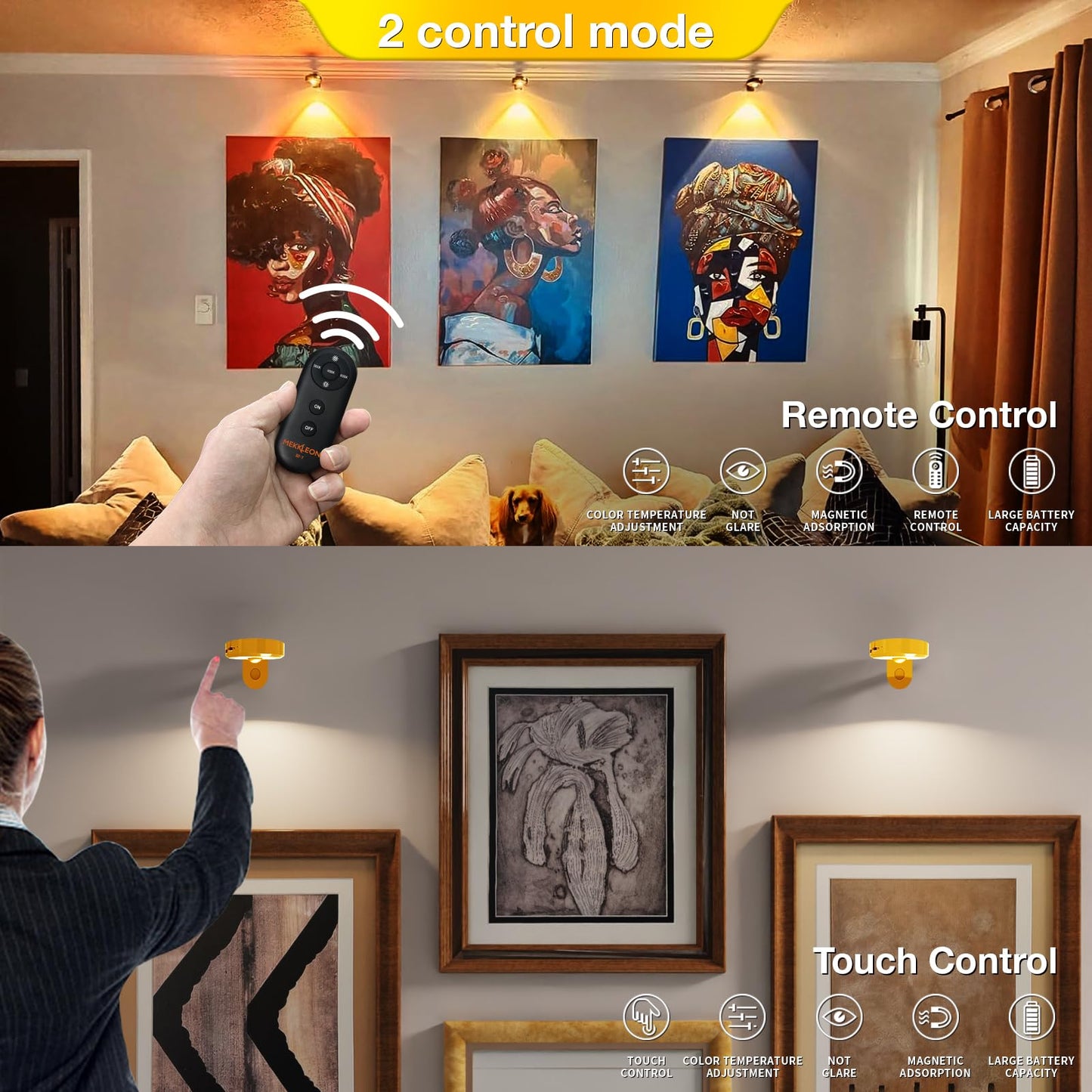 MEKKLEON Wireless Picture Lights - Dimmable Art Lighting, Rechargeable 2000mAh, Remote Control, Gold, 4 Pack, Model M3-G18
