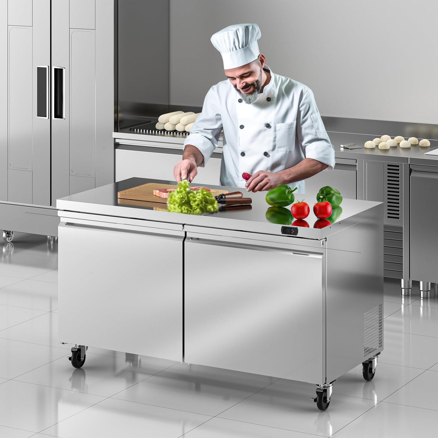 Rockitch 60" W Commercial Undercounter Refrigerator, 14.1 Cu.ft Stainless Steel Worktop Under Counter Fridge, Commercial Refrigerated Food Prep Table with 3 Door for Restaurant, Bar, Shop, etc.