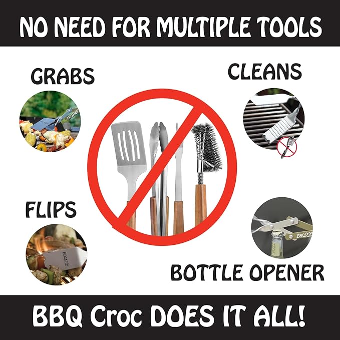 BBQ Croc 3 in 1 Barbecue Tool 15-inch - Extra Light Tongs, Spatula and Grill Scraper (Green)