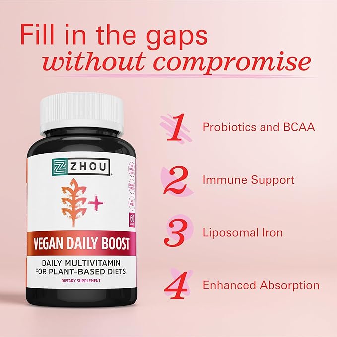 Zhou Vegan Essentials Multivitamin Supplement, B Vitamins, Energy, Vitamin C, Zinc, Immune System Function, Iodine Thyroid Support, Liposomal Iron, Plant-Based Diet Multivitamin, 60 Veg Caps