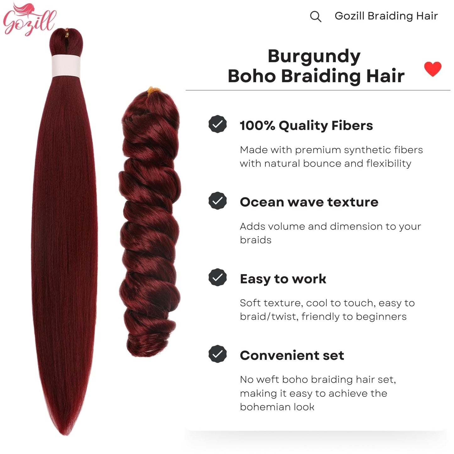 Burgundy Braiding Hair Pre Stretched Knotless Braiding Hair for Boho Braids Ocean Wave Boho Hair Extensions for Braiding (6 Pack