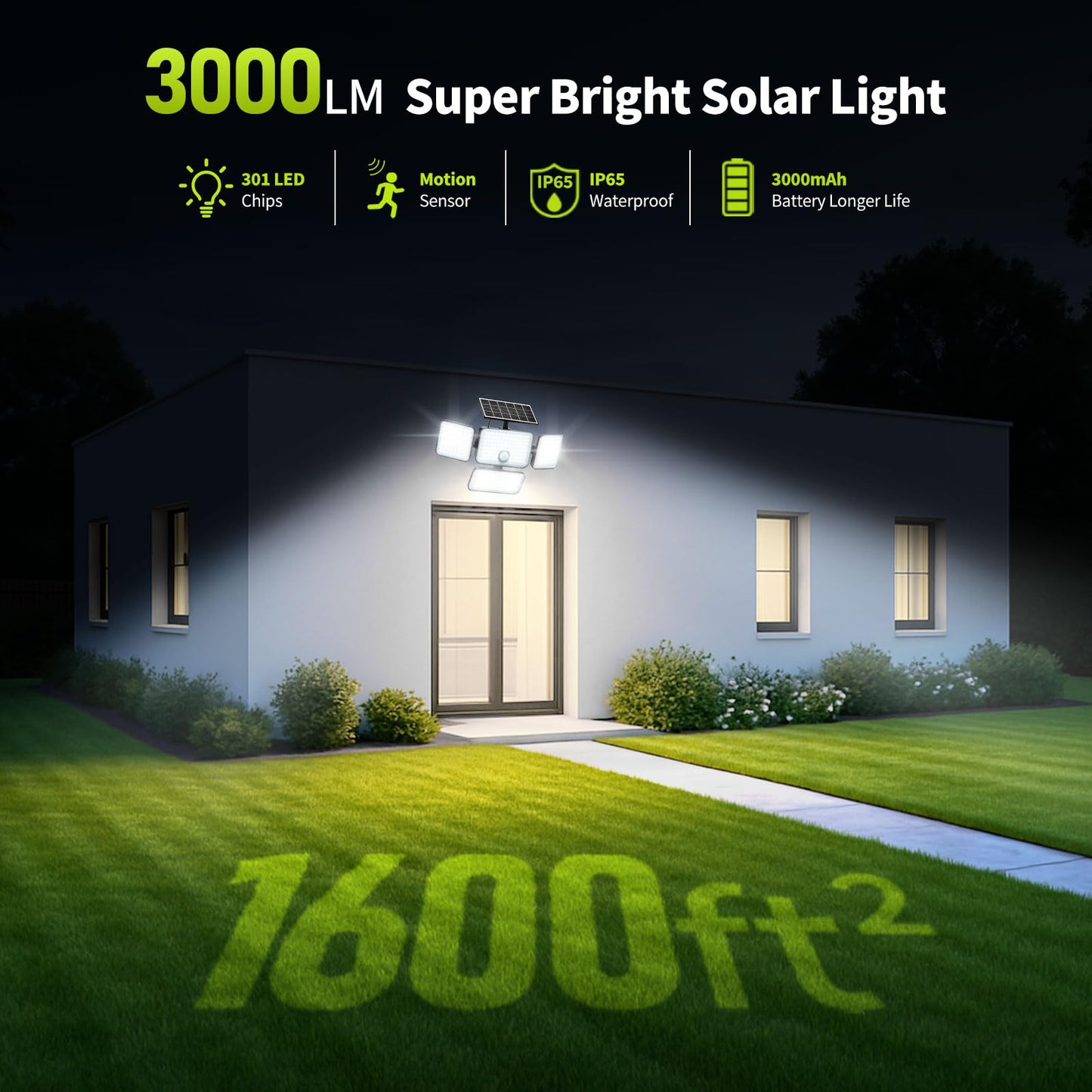 LUMLLSAJI Solar Flood Lights 3000 Lumen 4 Heads Motion Sensor IP65 Waterproof 2 Packs with 20Ft Cord