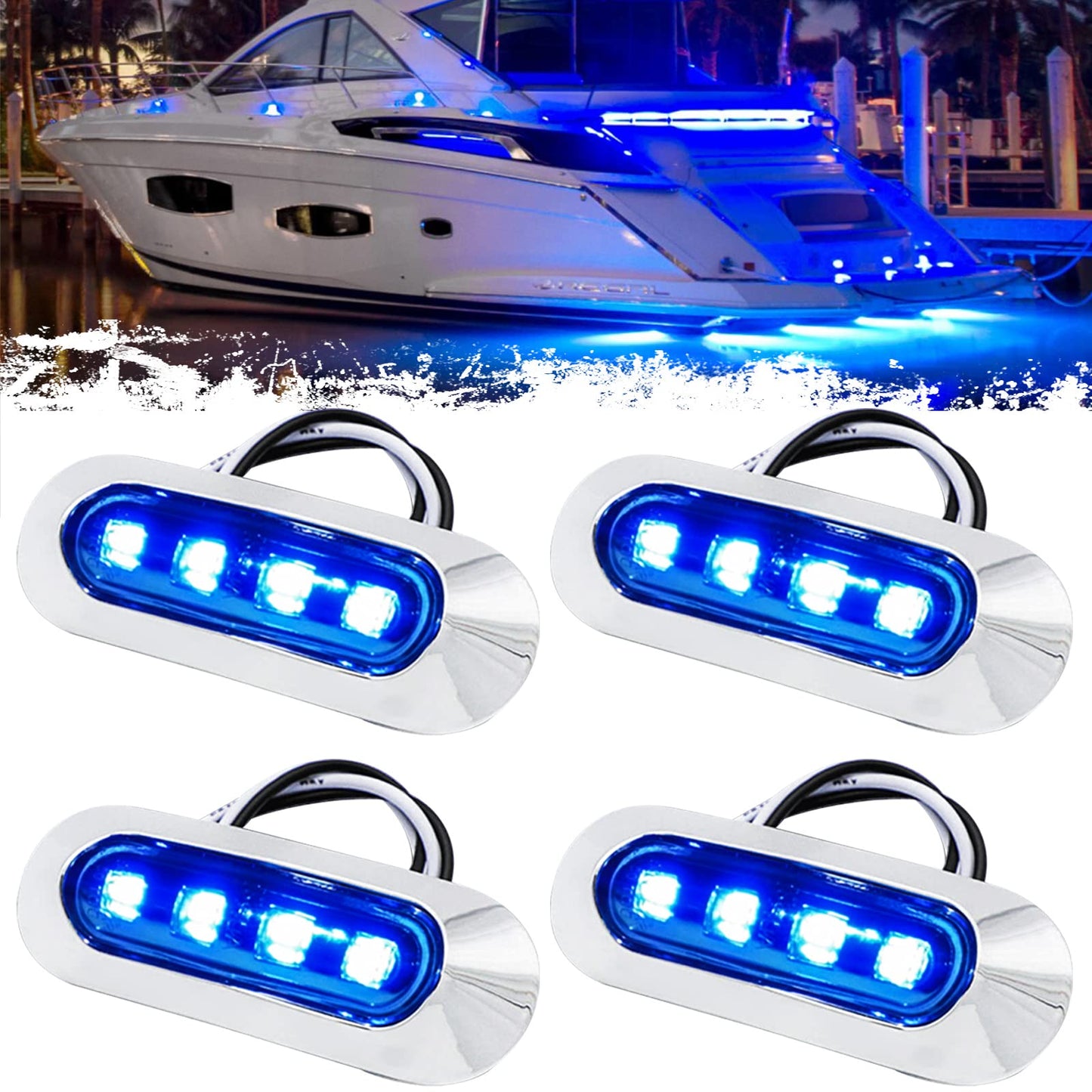 PSEQT Marine LED Lights 3.8in Waterproof Interior Deck Light Blue 4Pcs, PC Lens, Chrome Bezel, for Boats and Kayaks