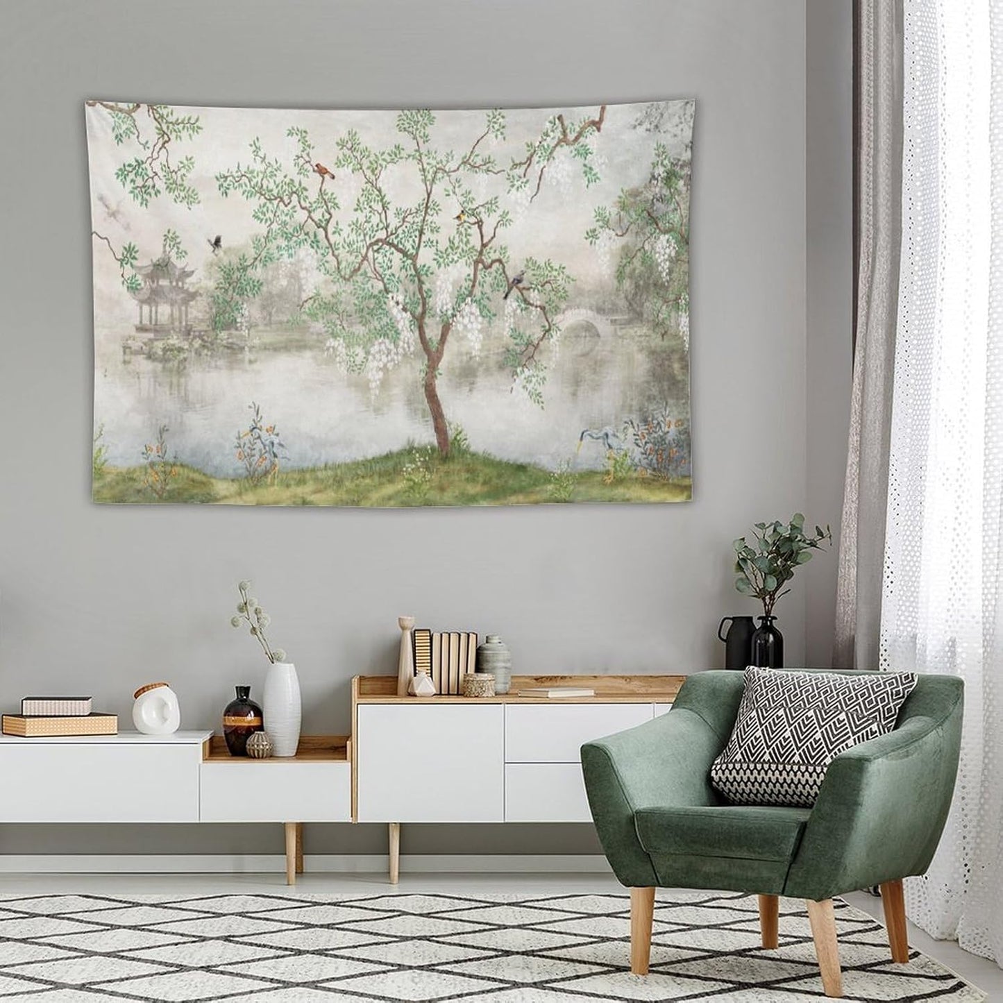 HZOHNAGO Japanese Tapestry Tree Misty Garden Lake Printed Wall Tapestry Ink Painting Wall Hanging for Bedroom Living Room Dorm 90" W x 60" H