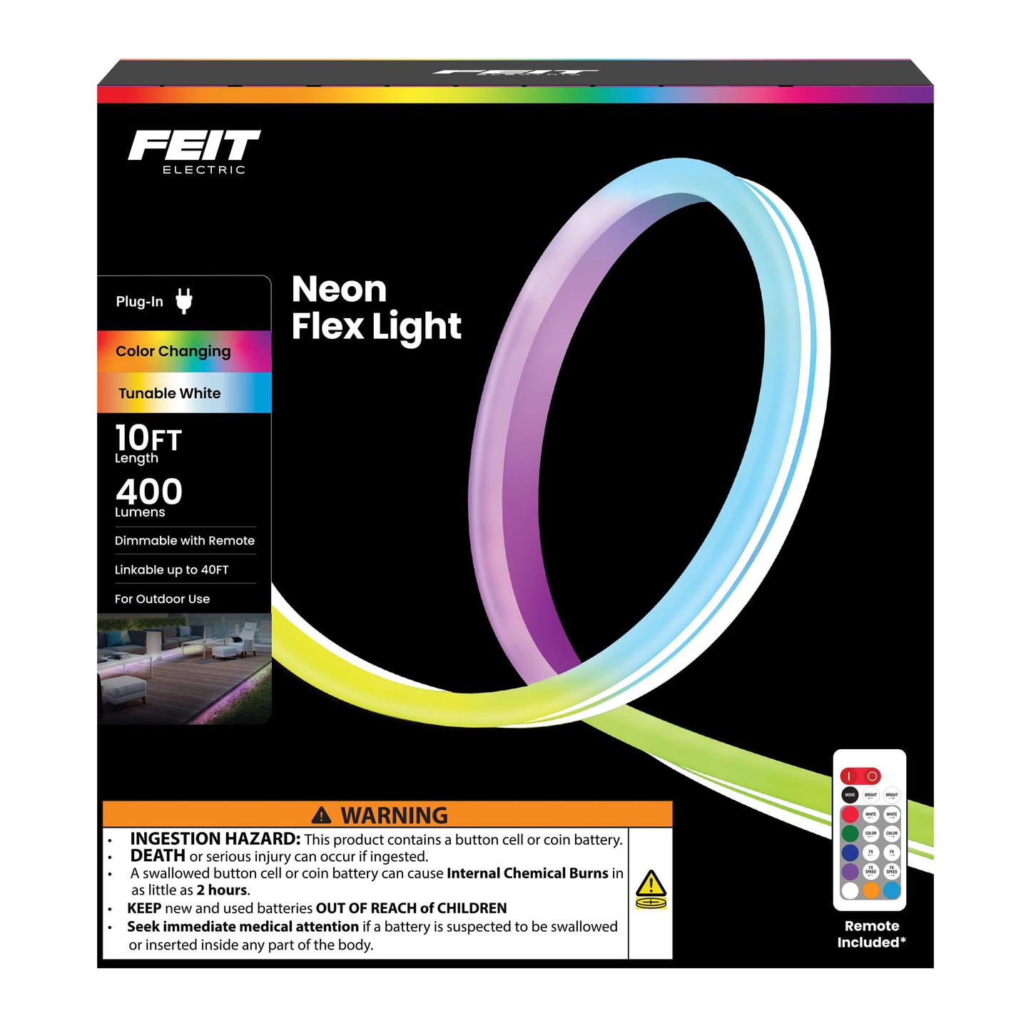 Feit Electric 10ft Outdoor Neon Flex Light, Dimmable, RGB + Tunable White, Bendable, Model NF10/CHASE