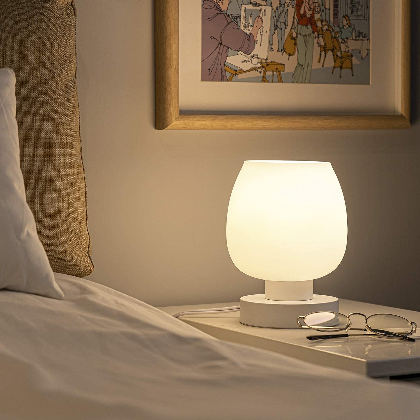 ONEWISH Touch Bedside Table Lamp - Modern Small Glass Lamp with White Opal Shade, Warm LED, 3-Way Dimmable, One Pack
