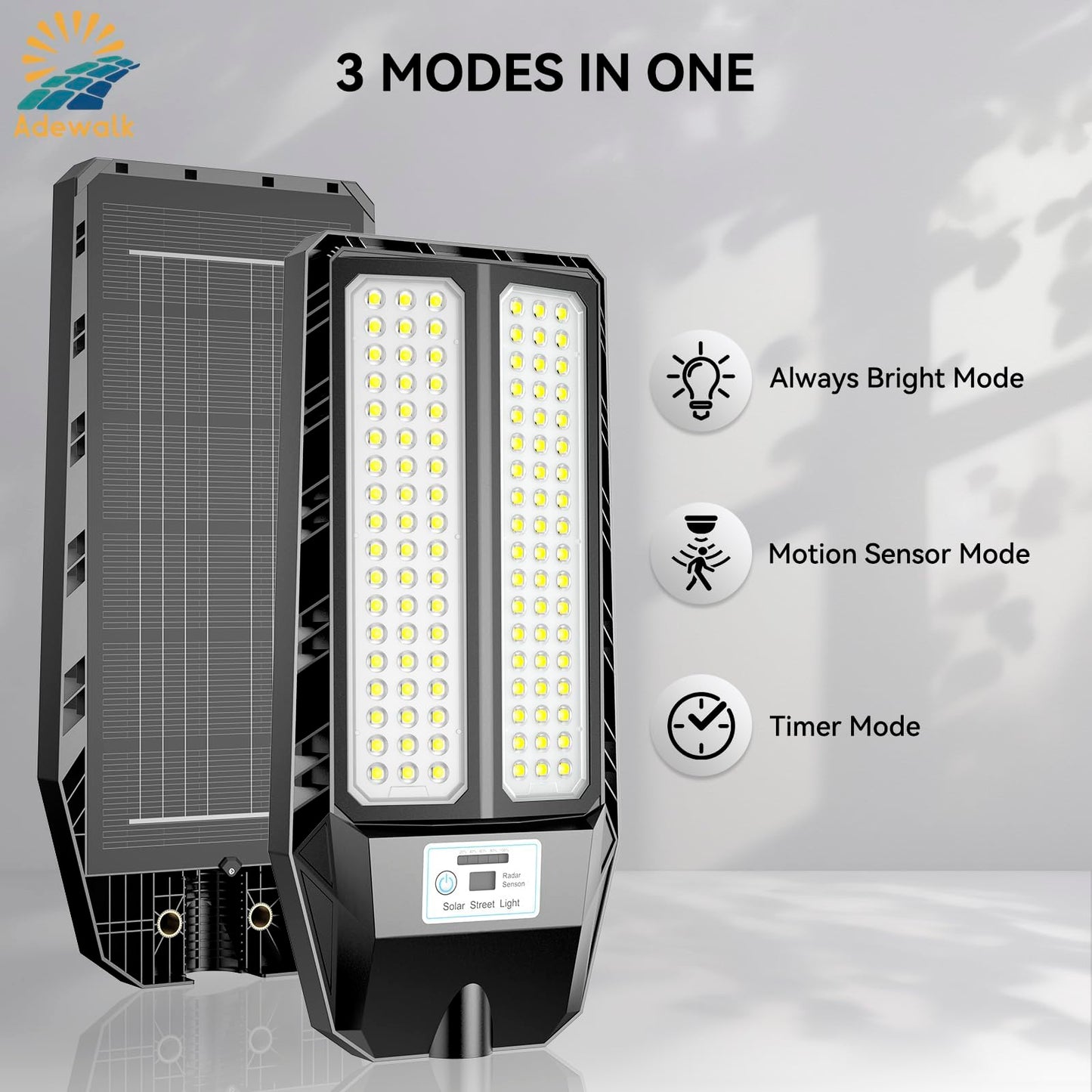 Adewalk Solar Street Lights, 5000W, 7000K LED, Motion Sensor, Remote Control, IP66 Waterproof, 2 Pack, Black, Model TW104