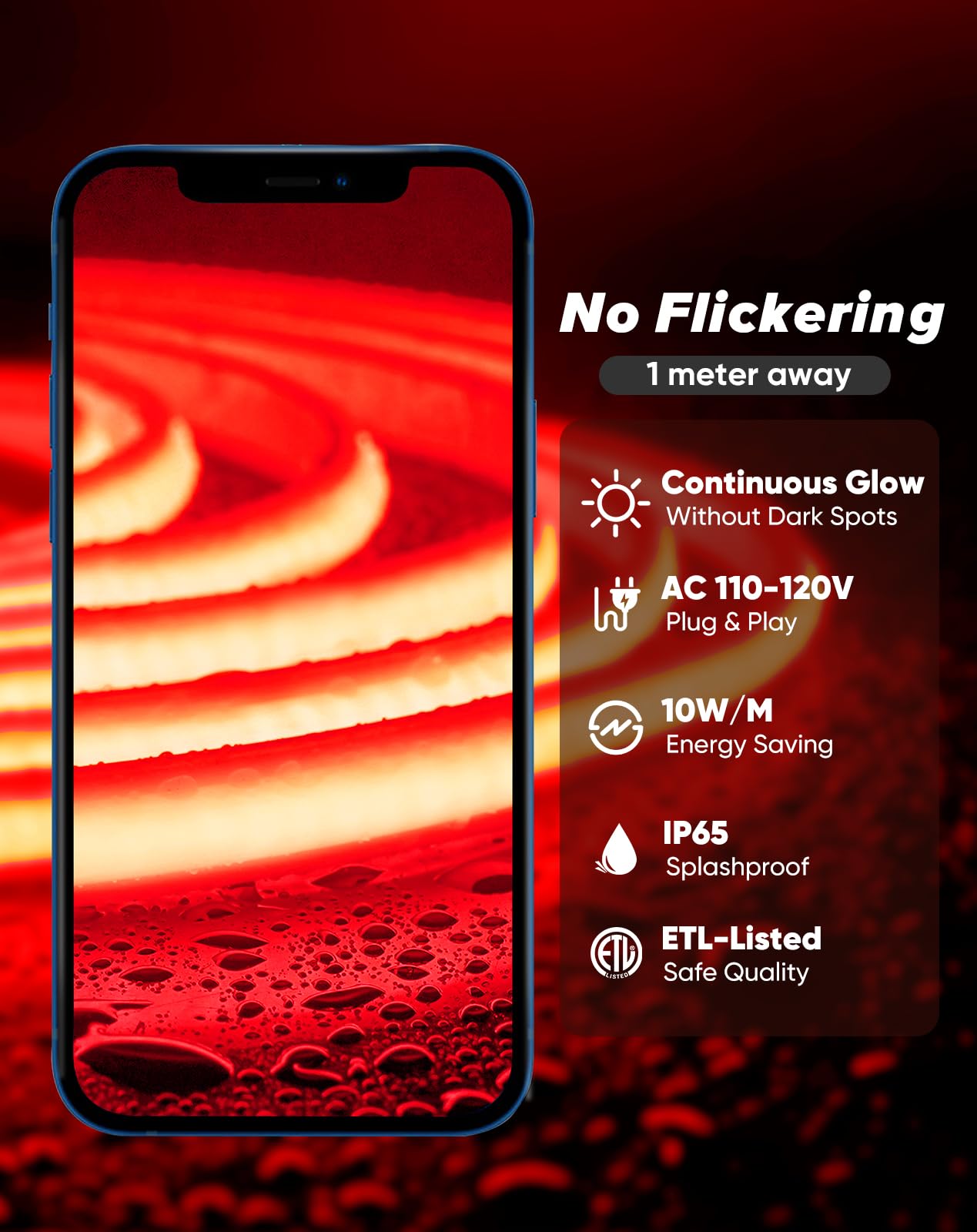 Shine Decor Cob Led Rope Light Ac 120V  800Lm Ultra Bright  Ip65 Waterproof Cold-Resistant Etl Neon Strip  No Driver Tape Lighting For Home Commercial 10X4.5Mm  Red  16.4Ft