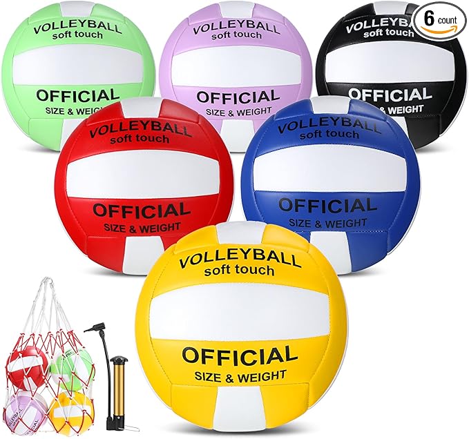 Junkin 6 Pack Volleyballs Official Size 5 Waterproof Soft Volleyball with Pump and Net Bag Outdoor Indoor Beach Gym Traini...