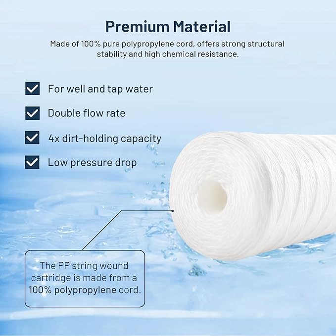 Whole House Water Filter Cartridge Replacement for Well Water, 5 Micron Water Filter 10" x 4.5" String Wound Sediment Water Filter Compatible with PSE1800, PC40, SWC-45-1005, WP5BB97P - 3 Pack
