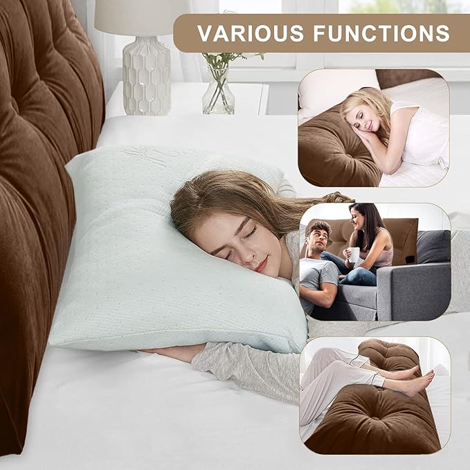 Large Triangular Headboard Pillows Long Backrest Positioning Support Bolster Cushion for Daybed Fluffy Quality Plush Body Wedge Pillow with Removable Cover(Dark brown-Full-54x8x20in)