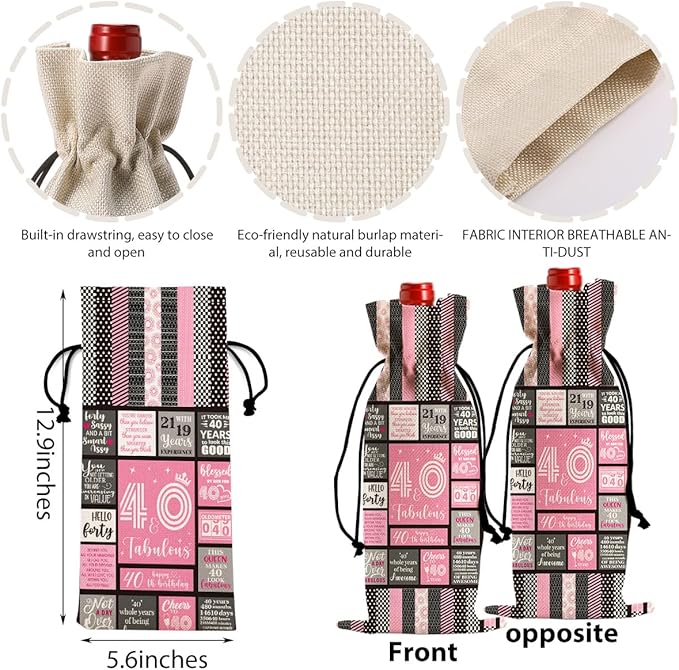 Funny 40th Birthday Gifts Women Men Wine Bag, Happy Anniversary 40th Birthday Party Decorations Man Woman Wine Bags, 40 Year Old Birthday Gifts for Women Wine Bottle Bag