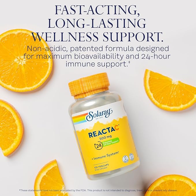 SOLARAY Reacta-C with 500mg Vitamin C, 200mg Bioflavonoid Concentrate, Immune System Defense Vitamins, Patented 24 Hour Immunity Booster Support Supplement, Vegan, 120 Capsules, 120 Servings.