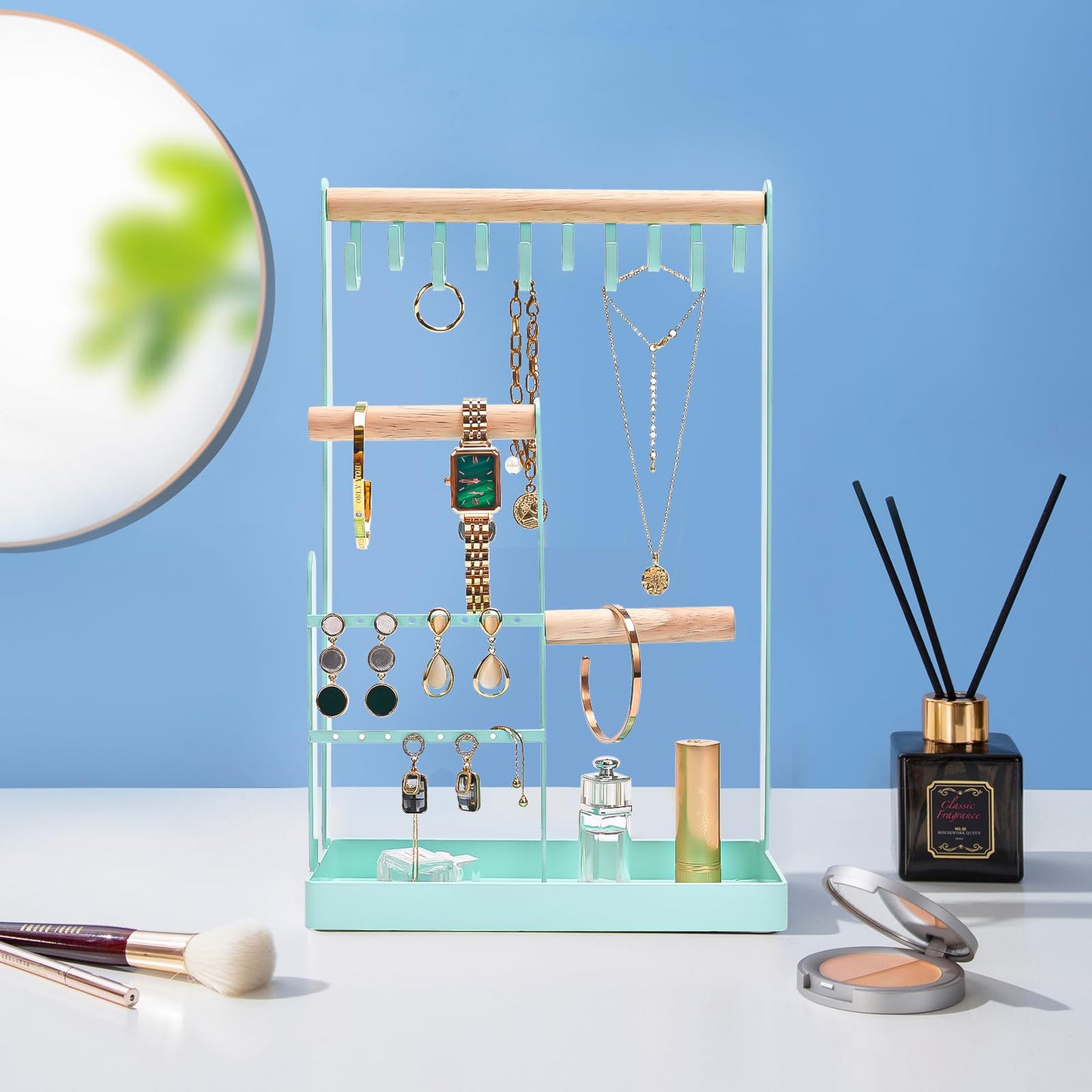 ProCase Jewelry Organizer Stand Necklace Holder, 4-Tier Jewelry Tower Rack with Earring Tray, 10 Hooks Necklaces Hanging Small J