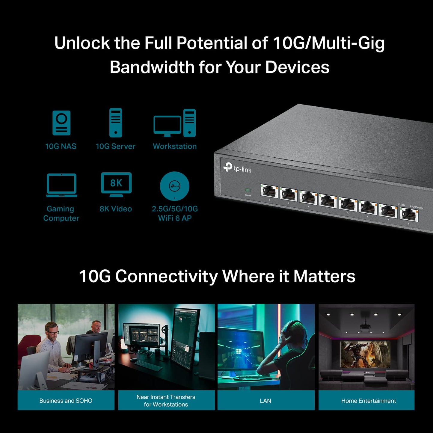 Tp-Link Tl-Sx1008 | 8 Port 10G/Multi-Gig Unmanaged Ethernet Switch | Desktop/Rackmount | Plug & Play | Sturdy Metal Casing | Spe