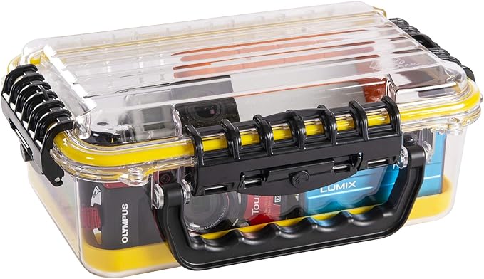 Plano Guide Series 3700 Field Box Waterproof Case, Blue, Large, Waterproof Dry Box with Wrist Strap for Boat, Kayak, and Camping, Outdoor Gear Storage, Clear/yellow & 3640 Waterproof Stowaway