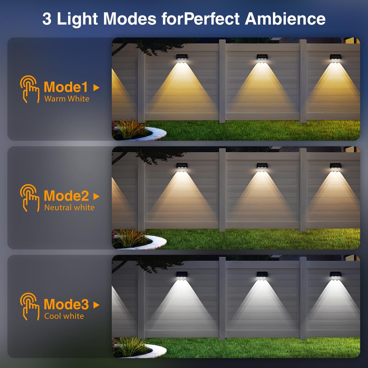 Onforu Solar Fence Lights 8 Pack Solar Lights Outdoor 3 Modes (Warm/Neutral/Cool White) For Outside Dusk To Dawn Outdoor Lighting Ip65 Waterproof Deck Lighting For Patio Step Backyard Railing Wall